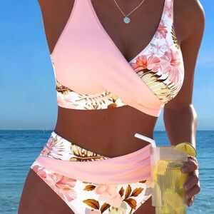 Tropical Pink Wrap High-Waist Bikini Set